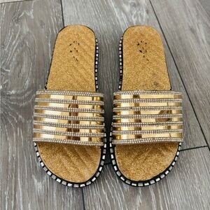 Gold Slide Sandals with Rhinestone Accents
